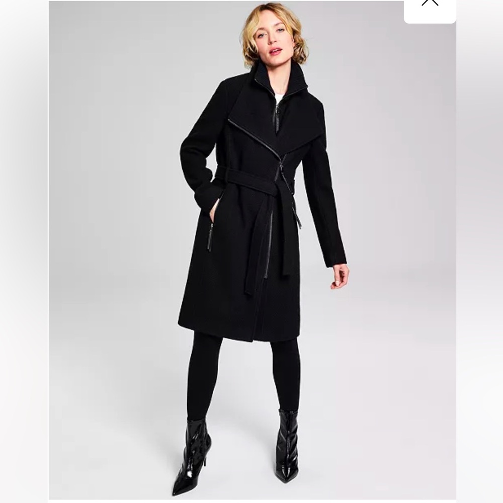 Calvin Klein Womens Wool Blend Belted Wrap Coat in black